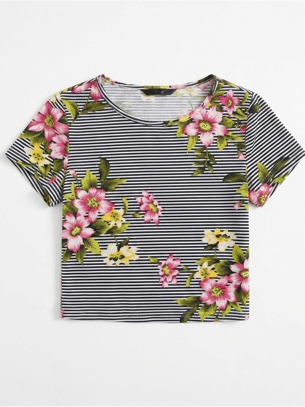 SHEIN Black & White Striped Floral Crop Tee